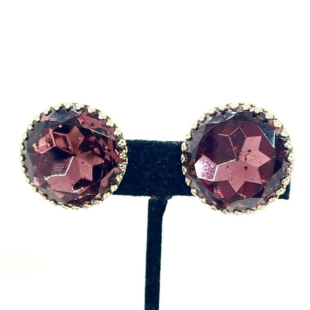 VINTAGE Glass Earrings Purple Prong Set Round Statement Faceted Clip On MCM